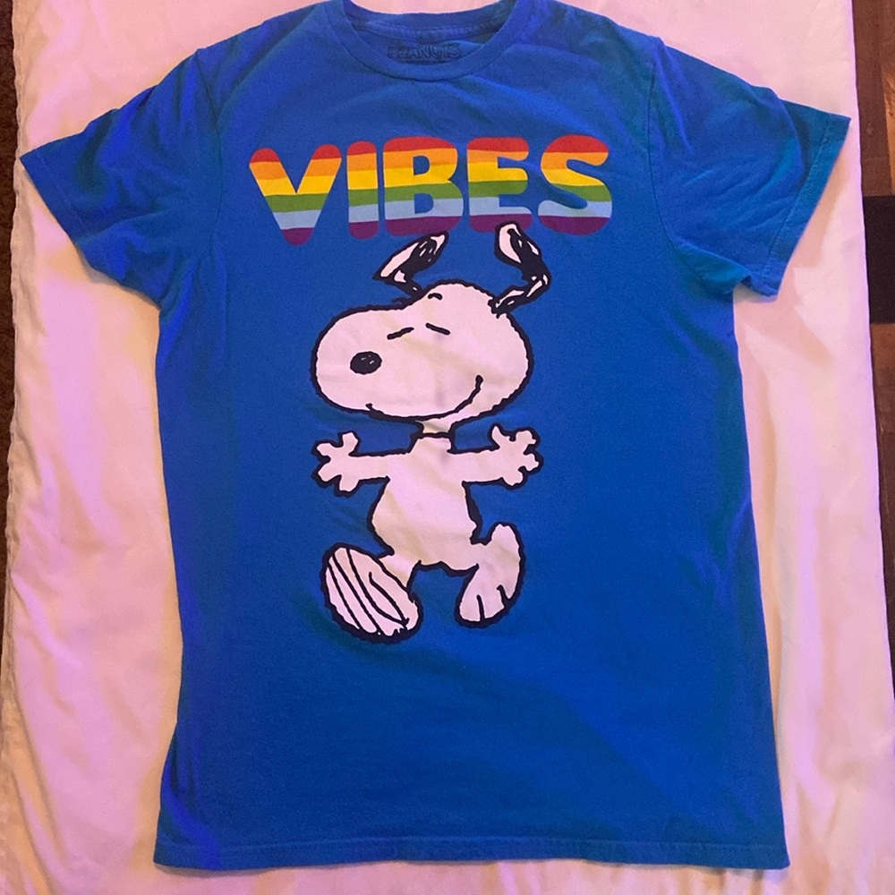 Snoopy Vibes t-shirt color is turquoise blue with Rainbow NEVER WORN